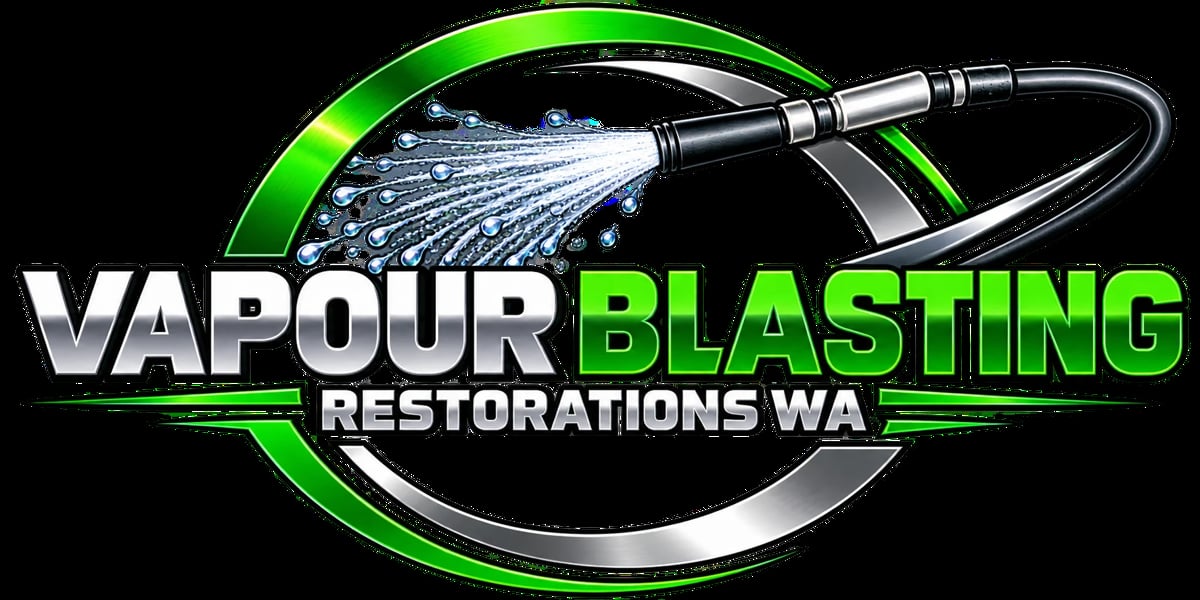 Vapour Blasting Restorations WA logo featuring a pressure washer nozzle spraying water with green and silver circular design