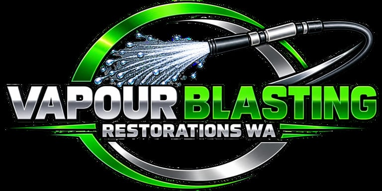 Vapour Blasting Restorations WA logo featuring a pressure washer nozzle spraying water with green and silver circular design